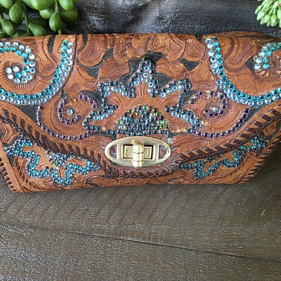 Rare Roth And Madge Handtooled Leather Swarovski Crystal Bag- Collectable OOAK - Picture 5 of 15